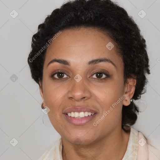 Joyful latino young-adult female with medium  brown hair and brown eyes