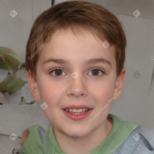 Joyful white child female with short  brown hair and brown eyes