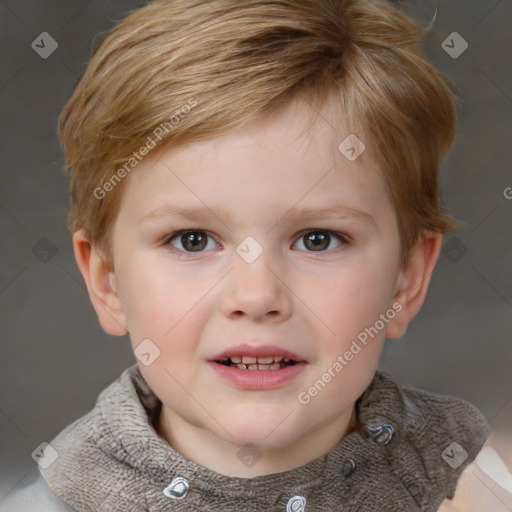 Joyful white child female with short  brown hair and grey eyes