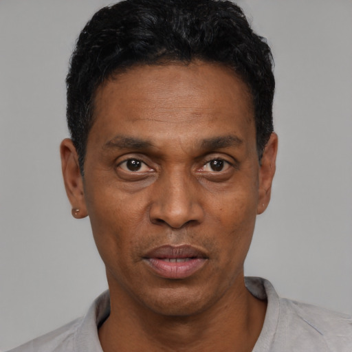 Neutral black adult male with short  black hair and brown eyes