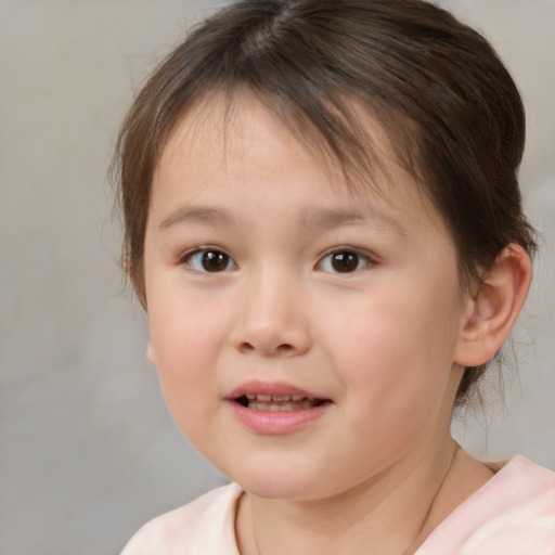 Joyful white child female with medium  brown hair and brown eyes