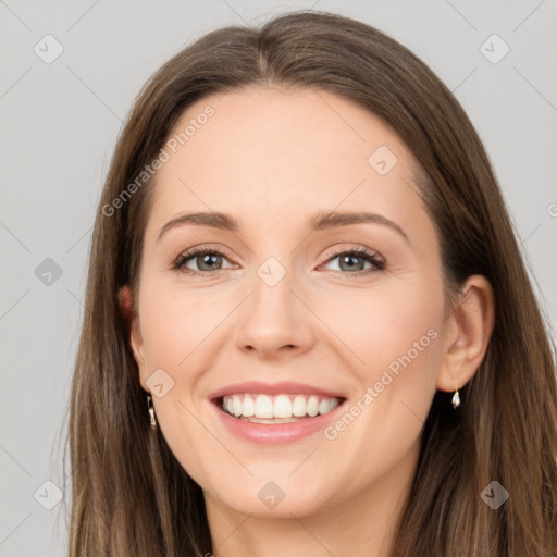 Joyful white young-adult female with long  brown hair and grey eyes