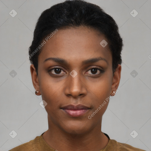 Neutral black young-adult female with short  black hair and brown eyes