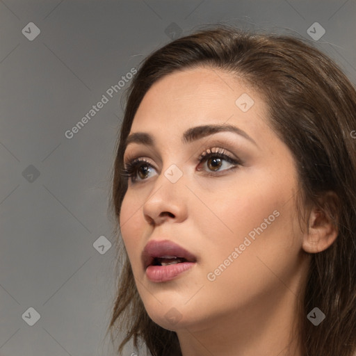 Neutral white young-adult female with medium  brown hair and brown eyes