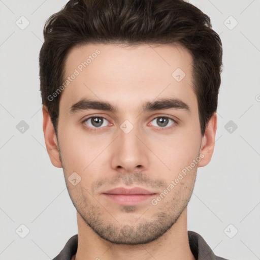 Neutral white young-adult male with short  brown hair and brown eyes