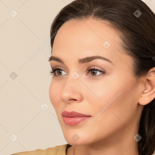 Neutral white young-adult female with long  brown hair and brown eyes