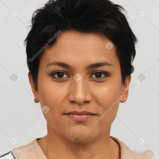 Joyful asian young-adult female with short  black hair and brown eyes