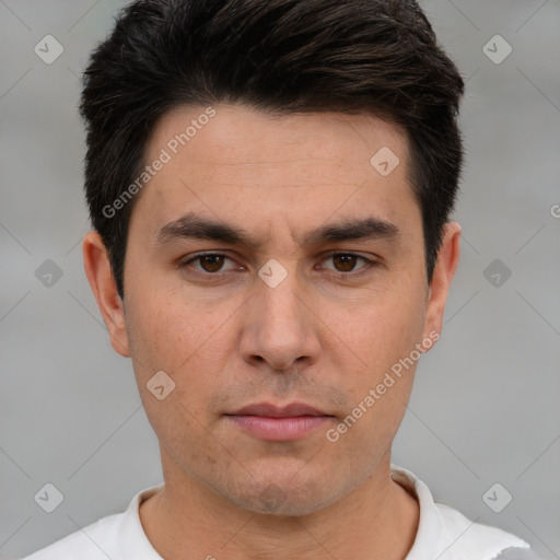 Neutral white young-adult male with short  brown hair and brown eyes