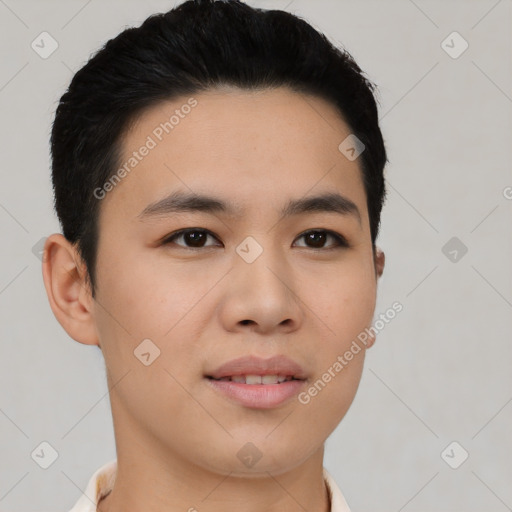 Neutral asian young-adult male with short  black hair and brown eyes