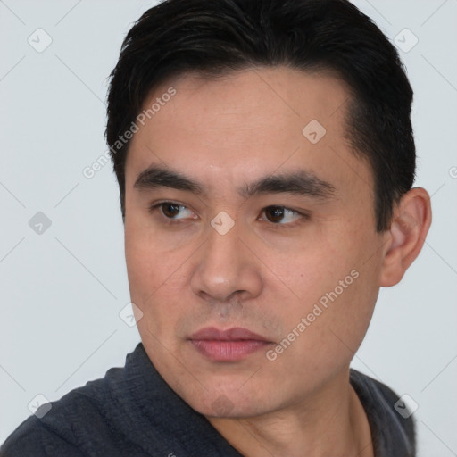 Neutral asian young-adult male with short  black hair and brown eyes