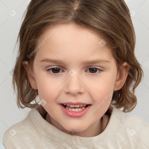 Joyful white child female with medium  brown hair and brown eyes