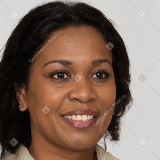 Joyful latino adult female with medium  brown hair and brown eyes
