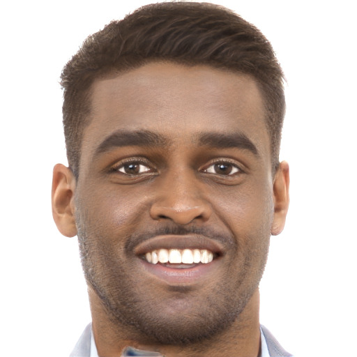 Joyful black young-adult male with short  brown hair and brown eyes