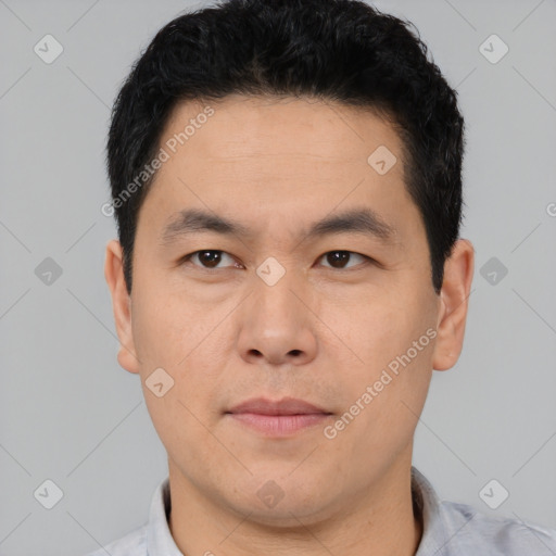 Neutral asian young-adult male with short  black hair and brown eyes