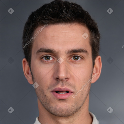 Neutral white young-adult male with short  brown hair and brown eyes