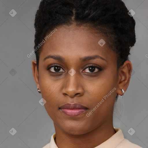 Neutral black young-adult female with short  brown hair and brown eyes