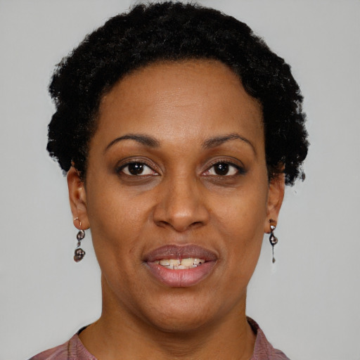 Joyful black adult female with short  black hair and brown eyes