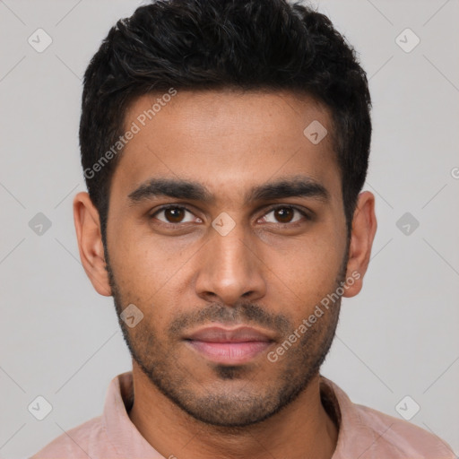 Neutral latino young-adult male with short  black hair and brown eyes