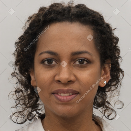 Joyful black young-adult female with medium  brown hair and brown eyes