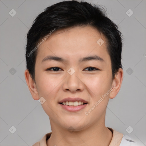 Joyful asian young-adult female with short  brown hair and brown eyes