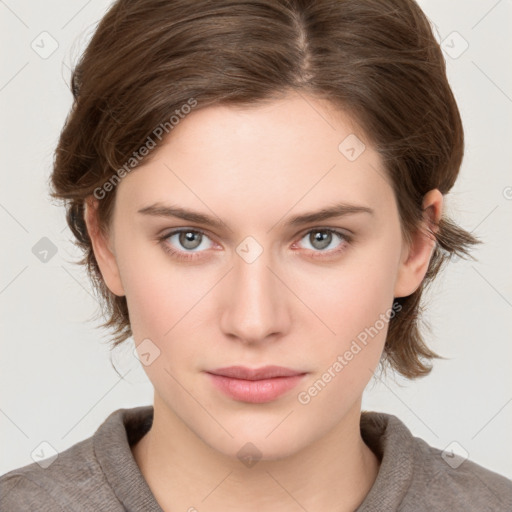 Neutral white young-adult female with medium  brown hair and grey eyes