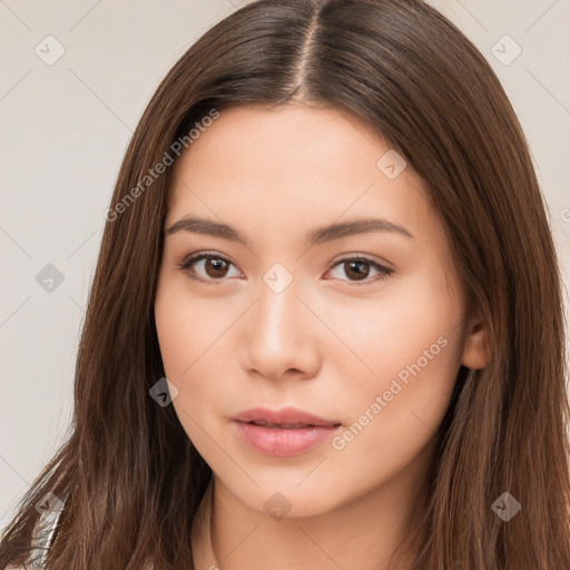 Neutral white young-adult female with long  brown hair and brown eyes