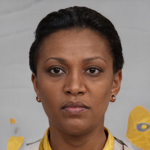 Neutral black young-adult female with short  brown hair and brown eyes