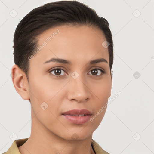 Joyful latino young-adult female with short  brown hair and brown eyes