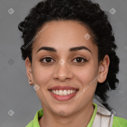 Joyful latino young-adult female with short  brown hair and brown eyes