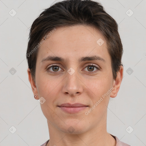 Joyful white young-adult female with short  brown hair and brown eyes