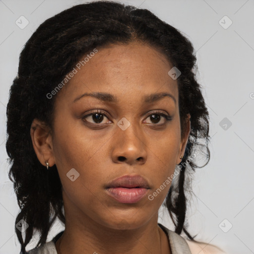 Neutral black young-adult female with medium  brown hair and brown eyes