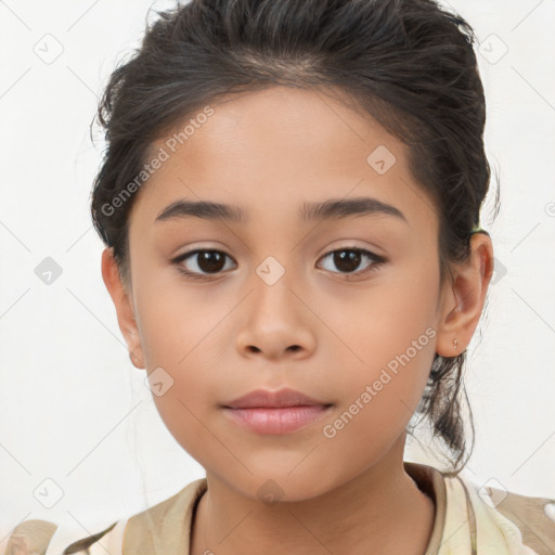 Joyful white child female with medium  brown hair and brown eyes