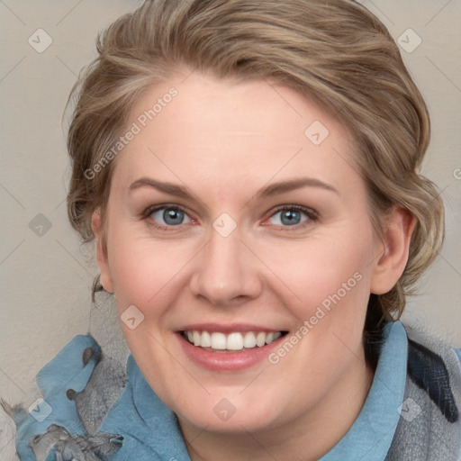 Joyful white young-adult female with medium  brown hair and blue eyes