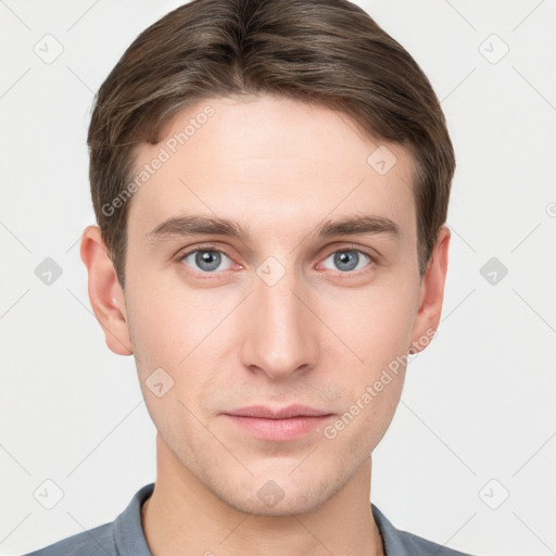 Neutral white young-adult male with short  brown hair and grey eyes