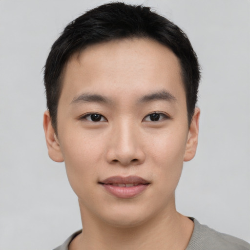 Neutral asian young-adult male with short  black hair and brown eyes