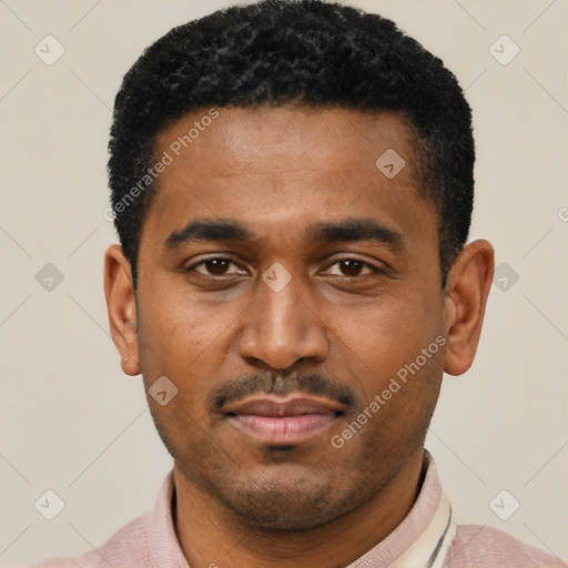 Neutral latino young-adult male with short  black hair and brown eyes