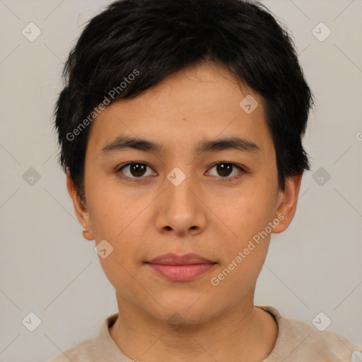 Neutral asian young-adult male with short  black hair and brown eyes