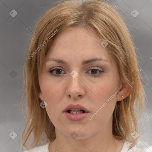 Neutral white young-adult female with medium  brown hair and grey eyes