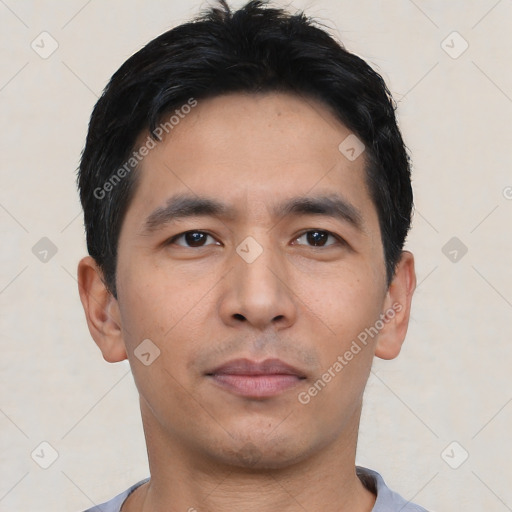 Neutral asian young-adult male with short  black hair and brown eyes