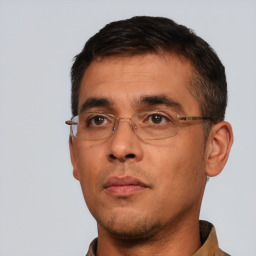 Neutral white adult male with short  black hair and brown eyes