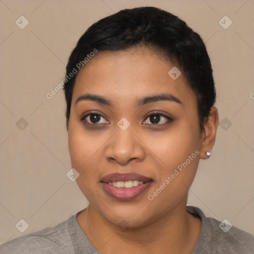 Joyful latino young-adult female with short  black hair and brown eyes