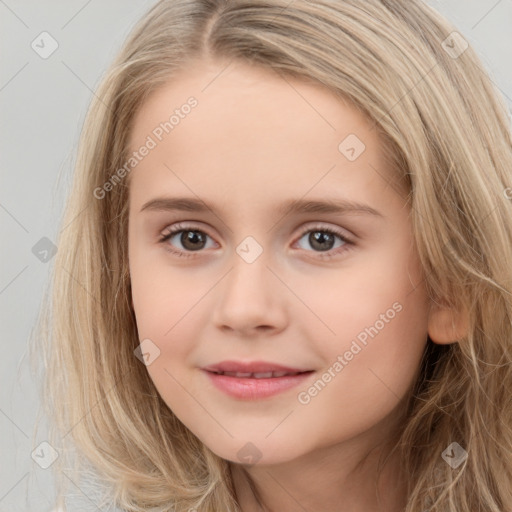 Joyful white child female with long  brown hair and brown eyes