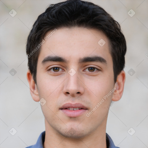 Neutral white young-adult male with short  black hair and brown eyes