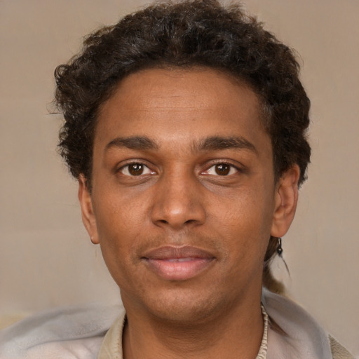 Neutral black adult male with short  brown hair and brown eyes