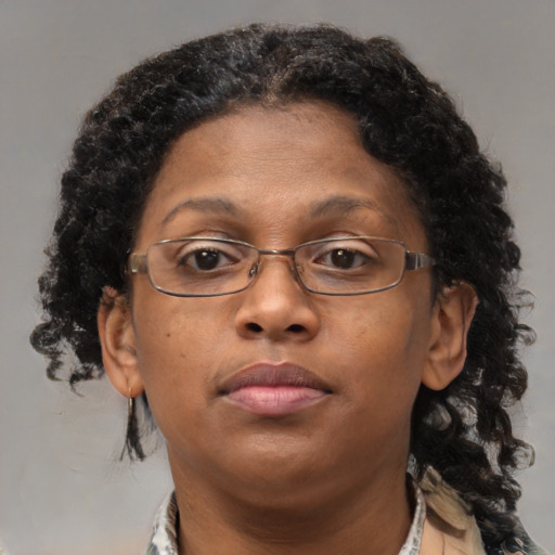 Neutral black adult female with medium  brown hair and brown eyes
