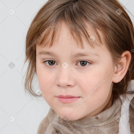 Neutral white child female with medium  brown hair and grey eyes