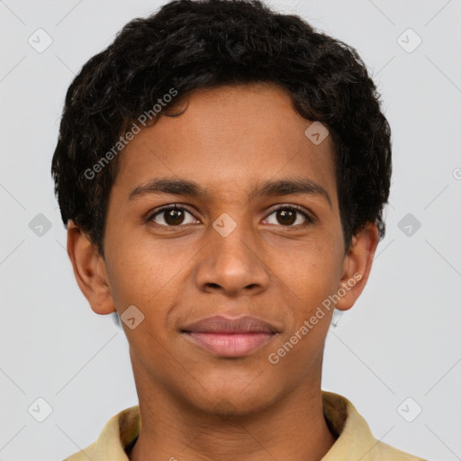 Joyful latino young-adult male with short  brown hair and brown eyes