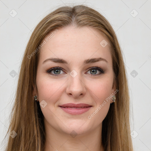 Joyful white young-adult female with long  brown hair and green eyes