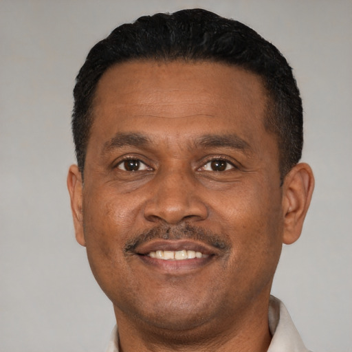 Joyful black adult male with short  black hair and brown eyes