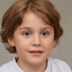 Joyful white child female with medium  brown hair and brown eyes